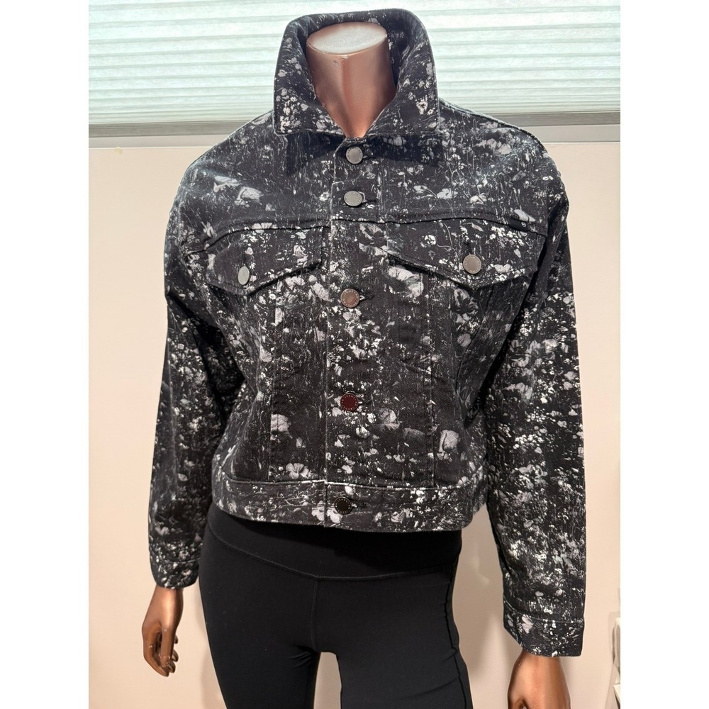AG Adriano Black White Floral Splatter Cropped Denim Trucker Jacket Cowboy/XS